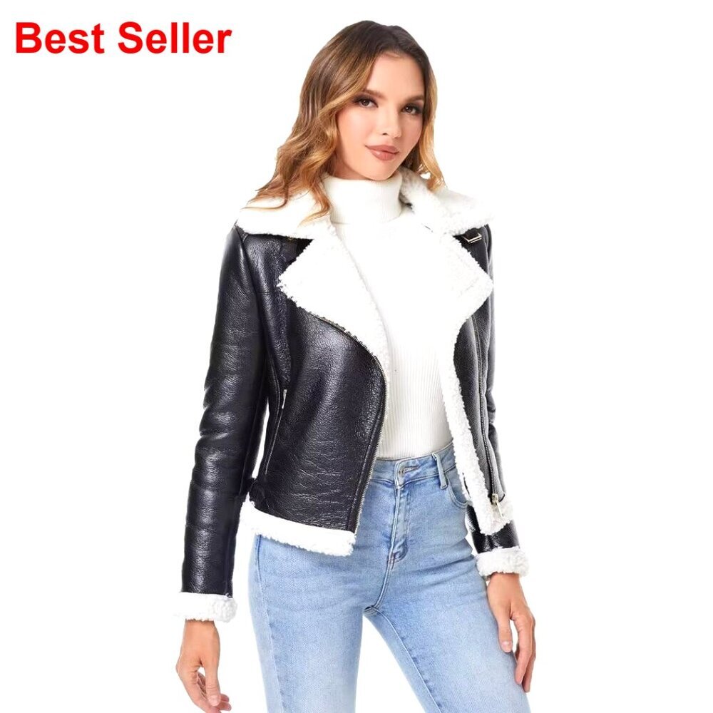 Faux Leather Jacket with Faux Fur Lining, Warm Winter Coat